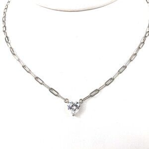 Adjustable CZ Heart Sterling Silver 925 Paperclip Link Chain Necklace EXC